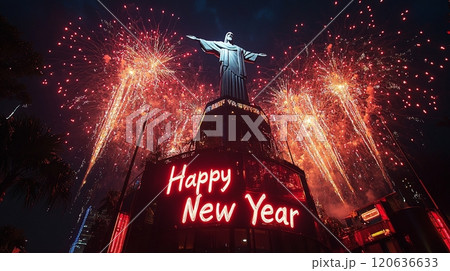 花火とキリスト像のシルエットによる新年のお祝い 花火とキリスト像のシルエットによる新年のお祝い 120636633
