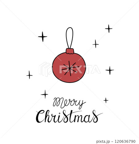 Christmas greeting card with "Merry Christmas" handwritten lettering and red Christmas tree ball on a white background. Simple design for print, social media and more Christmas greeting card with "Merry Christmas" handwritten lettering and red Christmas tree ball on a white background. Simple design for print, social media and more 120636790