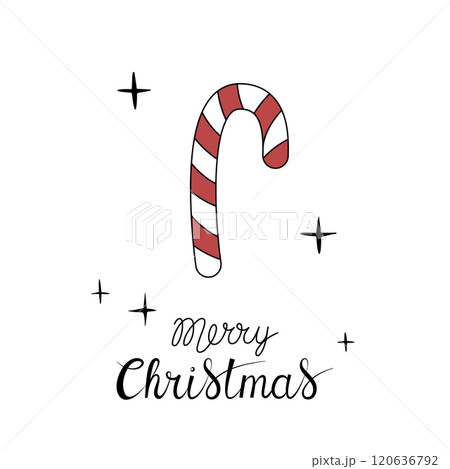 Christmas greeting card with "Merry Christmas" handwritten lettering and christmas candy cane on a white background. Simple design for print, social media and more Christmas greeting card with "Merry Christmas" handwritten lettering and christmas candy cane on a white background. Simple design for print, social media and more 120636792