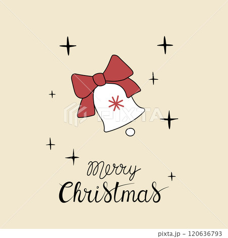 Christmas greeting card with "Merry Christmas" handwritten lettering and bell with ribbon on a beige background. Simple design for print, social media and more 120636793