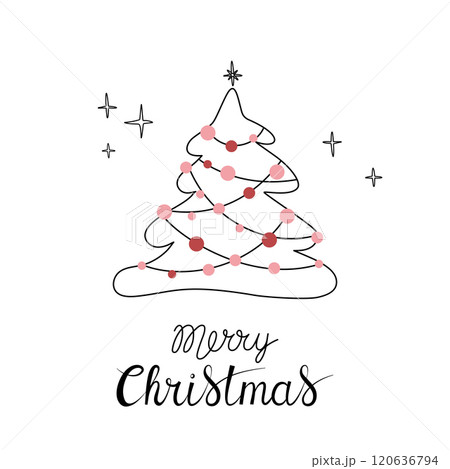 Christmas greeting card with "Merry Christmas" handwritten lettering and Christmas tree on a white background. Simple design for print, social media and more 120636794