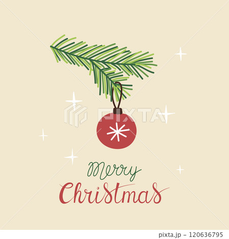 Christmas greeting card with "Merry Christmas" handwritten lettering and Christmas tree branch with red ball decoration on a beige background. Simple design for print, social media and more Christmas greeting card with "Merry Christmas" handwritten lettering and Christmas tree branch with red ball decoration on a beige background. Simple design for print, social media and more 120636795