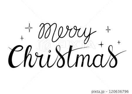 Merry Christmas handwritten lettering with little stars. Xmas text isolated on white for design postcard, poster, banner 120636796