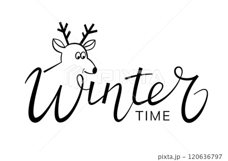 "Winter time" handwritten lettering with Christmas deer. Isolated text on white for design postcard, poster, banner "Winter time" handwritten lettering with Christmas deer. Isolated text on white for design postcard, poster, banner 120636797