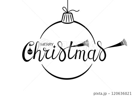 Merry Christmas handwritten lettering with big Christmas tree ball and scarf. Xmas text isolated on white for design postcard, poster, banner 120636821