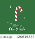 Christmas greeting card with "Merry Christmas" handwritten lettering and christmas candy cane on a green background. Simple design for print, social media and more 120636822