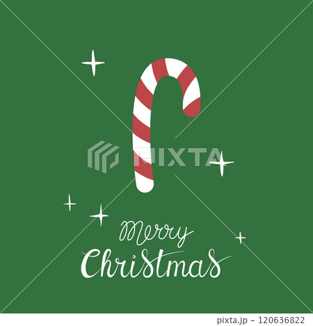 Christmas greeting card with "Merry Christmas" handwritten lettering and christmas candy cane on a green background. Simple design for print, social media and more 120636822