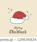 Christmas greeting card with "Merry Christmas" handwritten lettering and Santa hat on a beige background. Simple design for print, social media and more 120636824