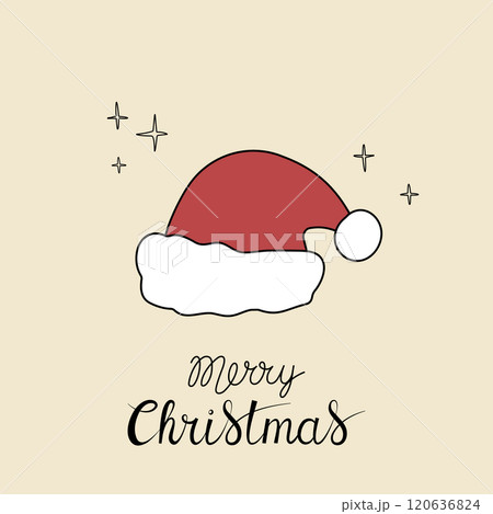 Christmas greeting card with "Merry Christmas" handwritten lettering and Santa hat on a beige background. Simple design for print, social media and more 120636824