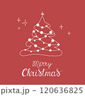 Christmas greeting card with "Merry Christmas" handwritten lettering and Christmas tree on a red background. Simple design for print, social media and more 120636825