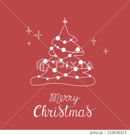 Christmas greeting card with "Merry Christmas" handwritten lettering and Christmas tree on a red background. Simple design for print, social media and more Christmas greeting card with "Merry Christmas" handwritten lettering and Christmas tree on a red background. Simple design for print, social media and more 120636825