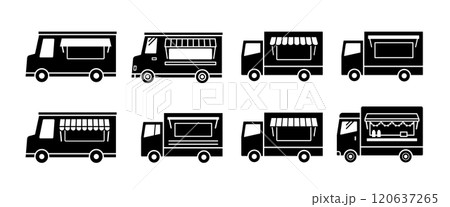 フードトラックのアイコン。キッチンカーのベクターのイラストセット。軽食を移動販売車で売るカフェビジネ 120637265