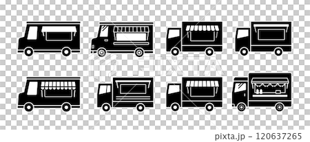 フードトラックのアイコン。キッチンカーのベクターのイラストセット。軽食を移動販売車で売るカフェビジネ 120637265
