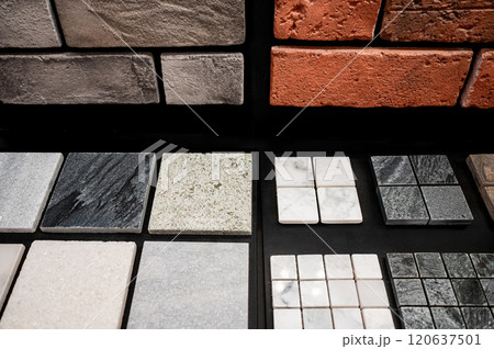 Stone tile , Brick pattern and marble texture collection display on sample material board Stone tile , Brick pattern and marble texture collection display on sample material board 120637501