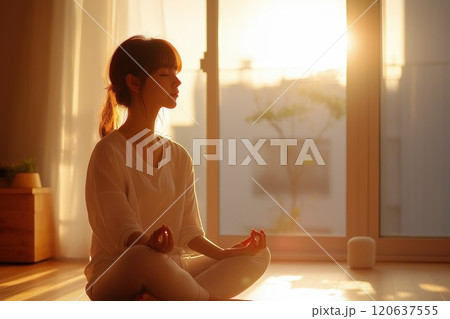 自宅で朝瞑想する若い女性 120637555