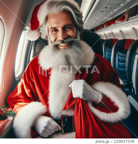 Portrait of smiling Santa Claus in luxurious cabin of his plane. Santa flies for Christmas holidays 120637556