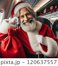 Portrait of smiling Santa Claus in luxurious cabin of his plane. Santa flies for Christmas holidays 120637557