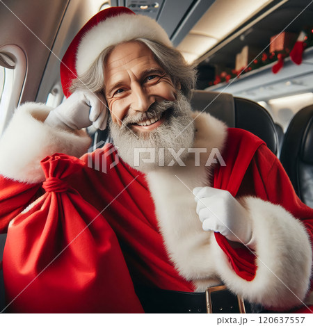 Portrait of smiling Santa Claus in luxurious cabin of his plane. Santa flies for Christmas holidays 120637557