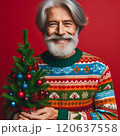 Portrait of happy smiling Santa Claus in knitted sweater on red background 120637558