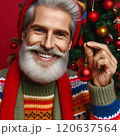Portrait of happy smiling Santa Claus in knitted sweater on red background 120637564