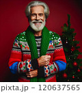 Portrait of happy smiling Santa Claus in knitted sweater on red background 120637565