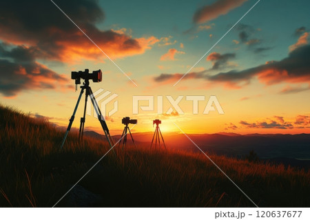 Three tripods are set up in a field with a...のイラスト素材 [120637677] - PIXTA