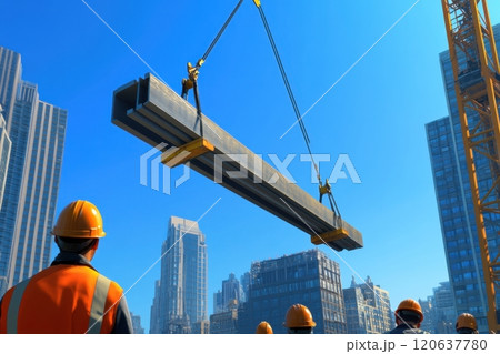 A group of construction workers are working on a building in a city 120637780