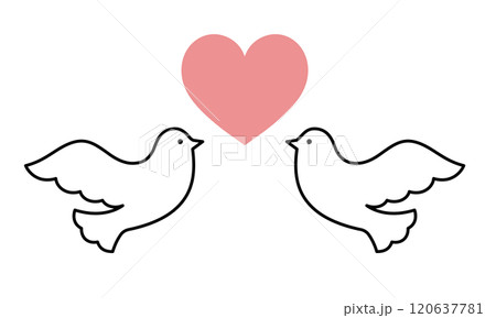 シンプルな二羽の鳩とハートのイラスト 120637781