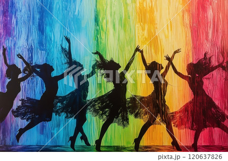 A painting of a group of women dancing in a rainbow 120637826