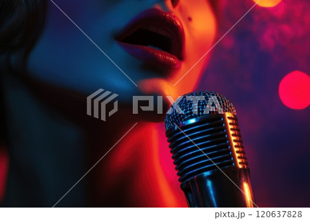 A woman is singing into a microphone 120637828