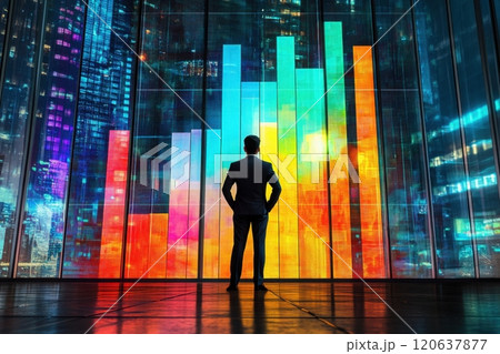 A man stands in front of a colorful display of buildings 120637877