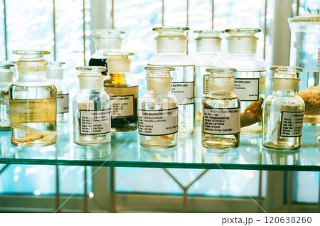 flasks and test tubes with samples on shelf of a secret biochemical laboratory 120638260
