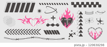 Y2k geometric elements border set, heart with flame, barbed wire, grid pattern. Groovy cyber retro design elements. Y2k geometric elements border set, heart with flame, barbed wire, grid pattern. Groovy cyber retro design elements. 120638298