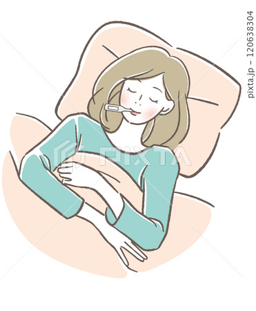 ベッドで寝ながら基礎体温を測る女性 120638304