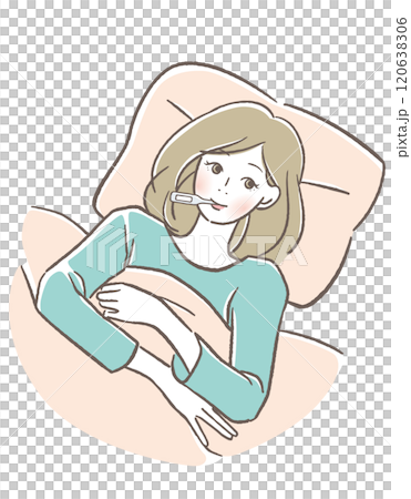ベッドで寝ながら基礎体温を測る女性 120638306