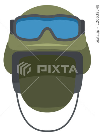A cartoon of a man in a green helmet with blue goggles A cartoon of a man in a green helmet with blue goggles 120638349