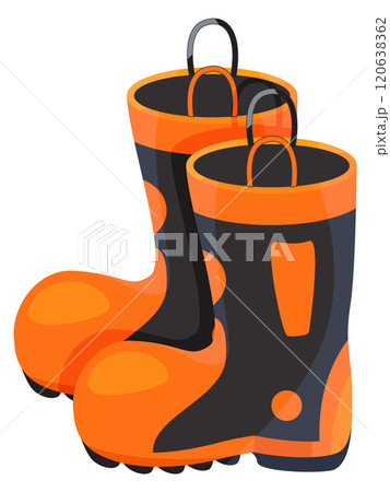 Two orange and black rain boots with orange straps 120638362