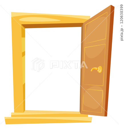 A wooden door is open, revealing a frame A wooden door is open, revealing a frame 120638399