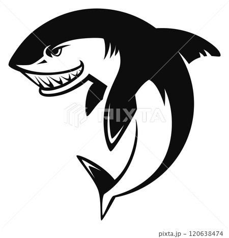 A black and white shark with its mouth open and teeth showing 120638474