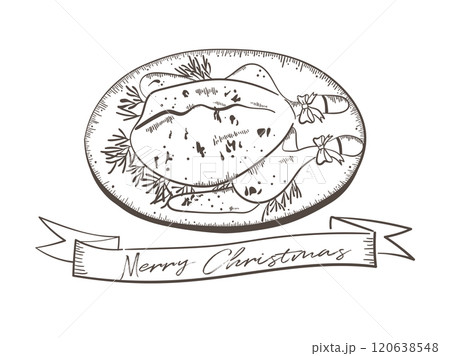クリスマスの焼かれたターキーの線画イラスト 120638548