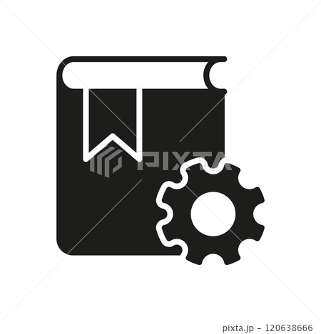 Book and Gear Silhouette Icon for Settings and Support Guide. Manual and Configuration Glyph Symbol with Gear for Technical Support. Isolated Vector Illustration 120638666