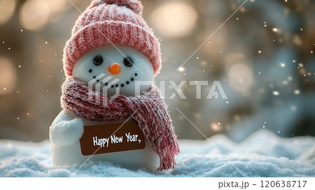 新年の挨拶Happy New Yearをする雪だるま 120638717