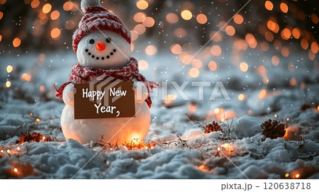 新年の挨拶Happy New Yearをする雪だるま 120638718