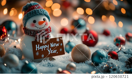 新年の挨拶Happy New Yearをする雪だるま 120638721