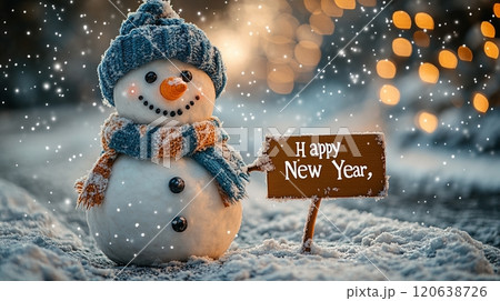 新年の挨拶Happy New Yearをする雪だるま 120638726