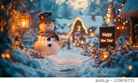 新年の挨拶Happy New Yearをする雪だるま 新年の挨拶Happy New Yearをする雪だるま 120638731