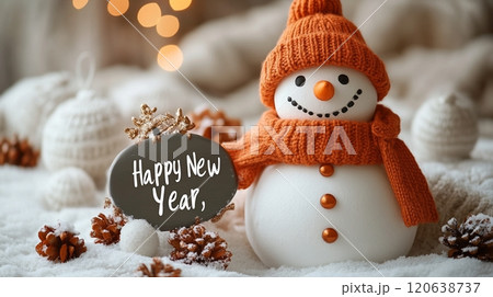 新年の挨拶Happy New Yearをする雪だるま 120638737