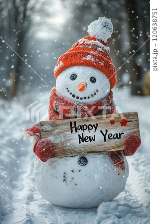 新年の挨拶Happy New Yearをする雪だるま 120638751