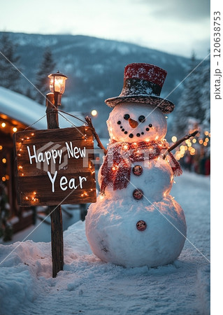 新年の挨拶Happy New Yearをする雪だるま 120638753