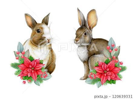 Winter mood cute bunny with Christmas decor vintage style illustration set on white background. Festive, detailed collection, ideal for holiday designs, greeting cards and seasonal packaging 120639331